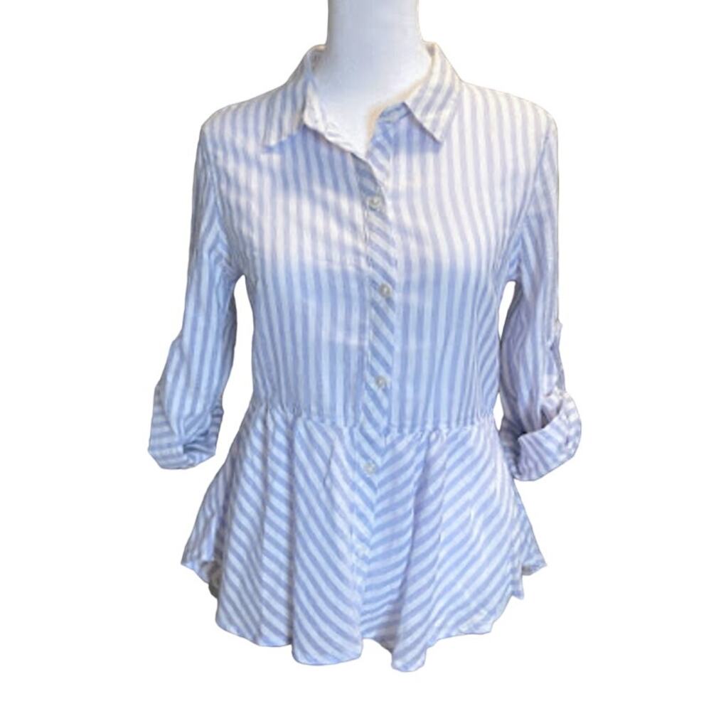 Love‎ Notes Blue and White Stripe Roll Tab Sleeves Cotton Blouse Size Small NWT